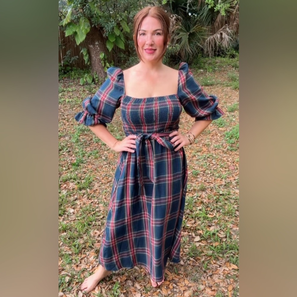 Plaid Off-Shoulder Maxi Dress with Waist Tie - Navy/Red - Picture 3 of 5